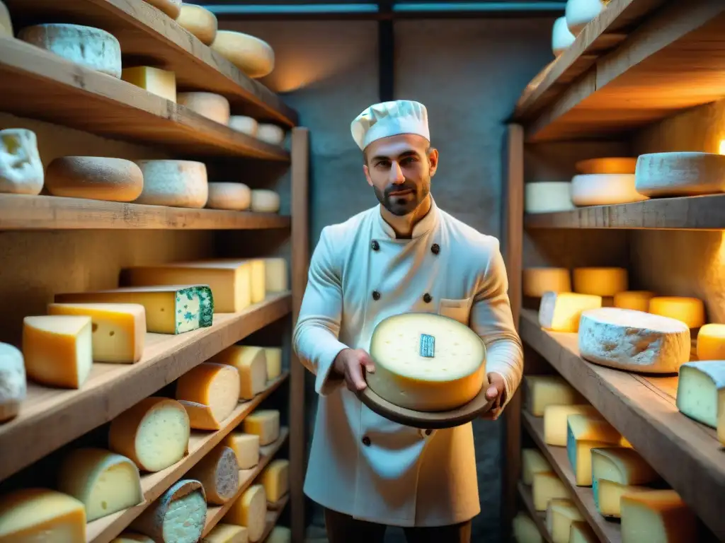 Explorando variedades de quesos franceses en una bodega tradicional, con experto afinador de quesos