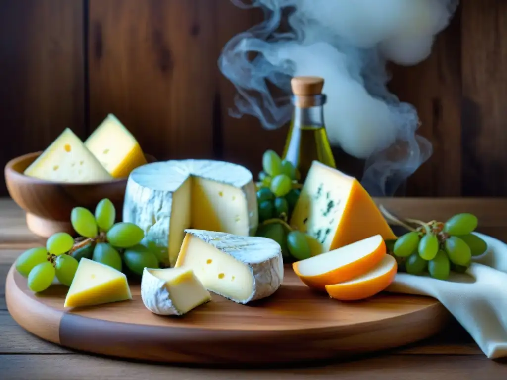 Descubriendo variedades de quesos franceses en una mesa rústica con frutas y pan