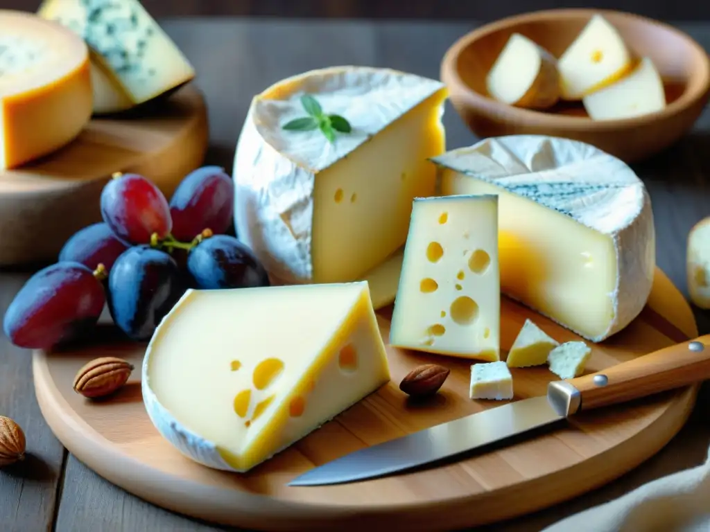 Descubriendo variedades de quesos franceses en una tabla rústica con Camembert, Roquefort, Comté y Munster, acompañados de uvas, higos y nueces