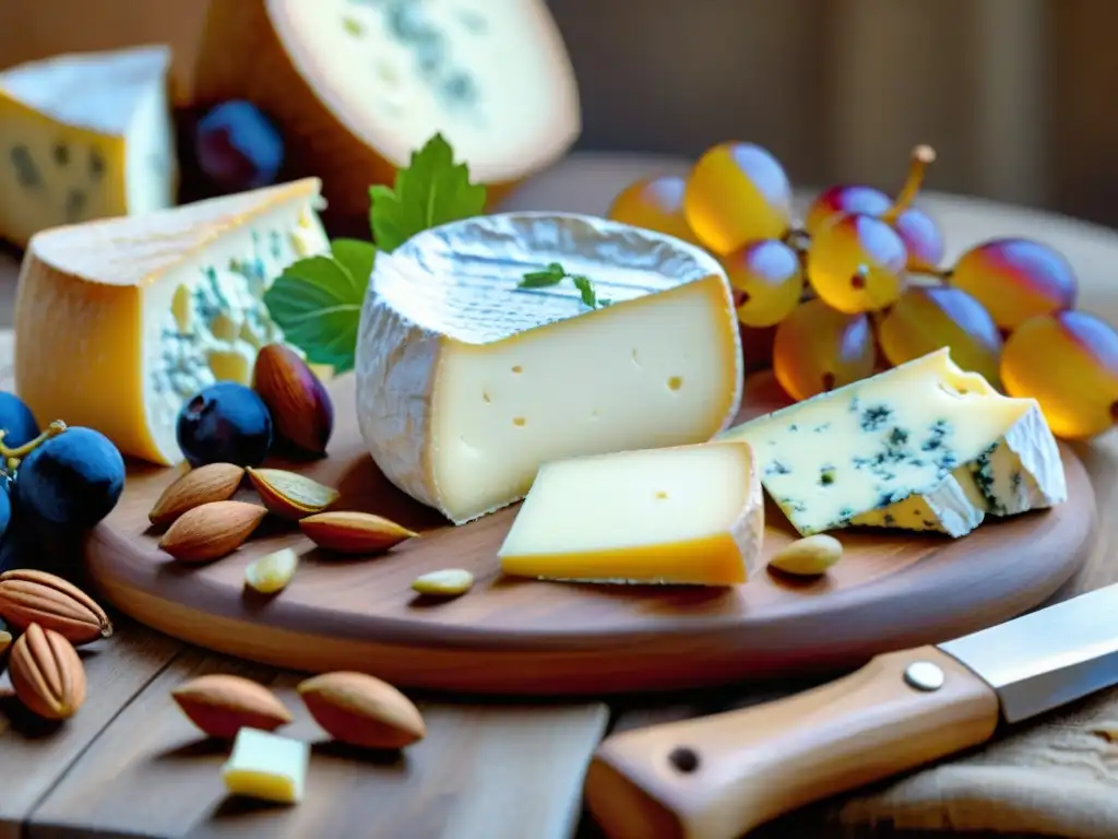 Descubriendo variedades de quesos franceses en tabla rústica con Brie, Roquefort y Comté, baguettes, uvas y nueces