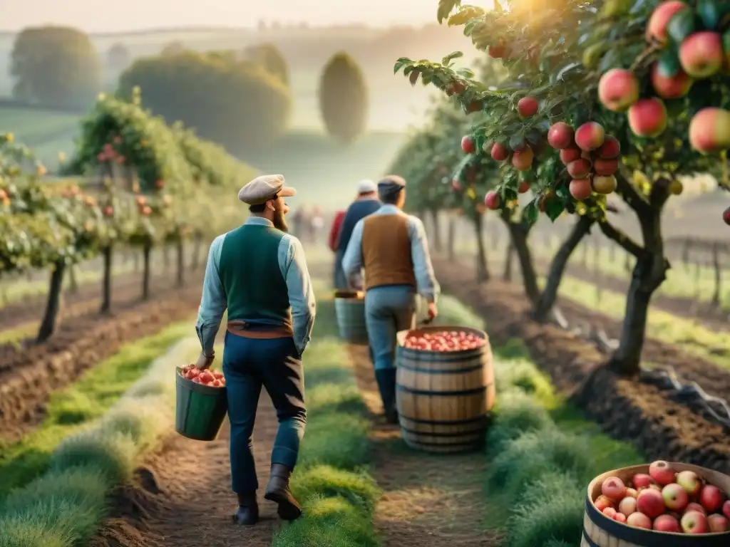 Variedades de sidras fermentadas francesas en una cidrería rústica al atardecer