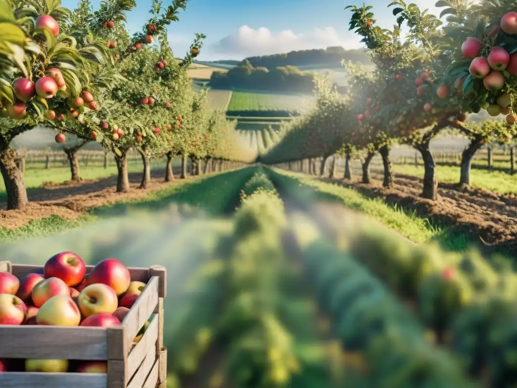 Variedades de sidras fermentadas francesas en huertos de manzanas de Normandía