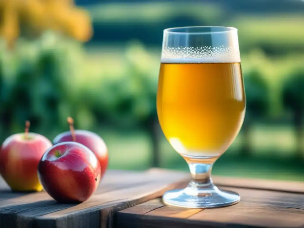 Un vaso de cristal lleno de burbujeante sidra dorada premium francesa, en una mesa de madera rústica con un huerto de manzanas al fondo