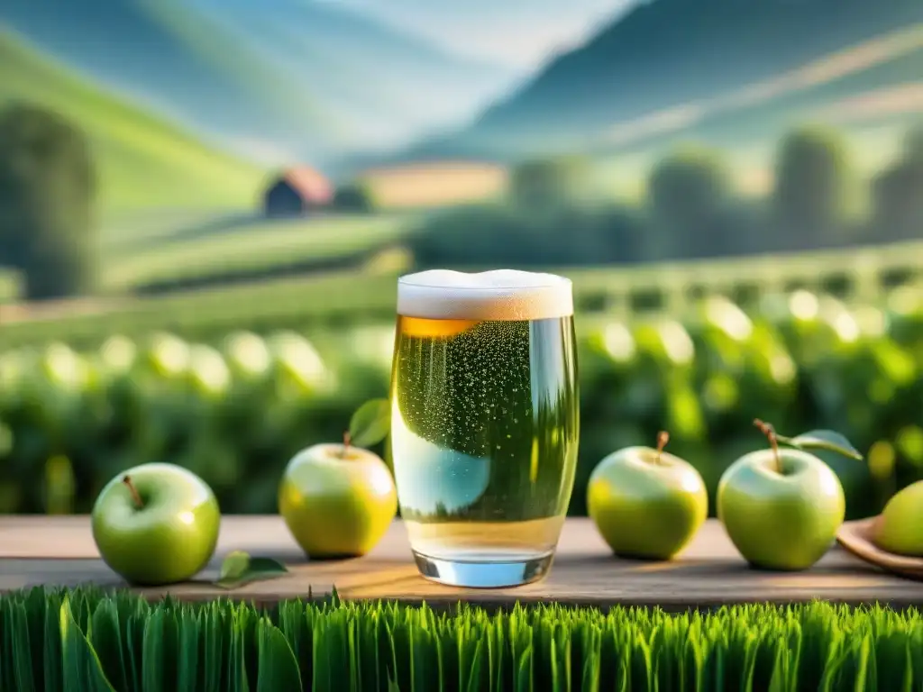 Espumoso cidre sin alcohol francés en manzanales bajo el sol Un vaso de sidra francesa sin alcohol, burbujeante y brillante, en un hermoso paisaje de manzanos bajo el sol francés