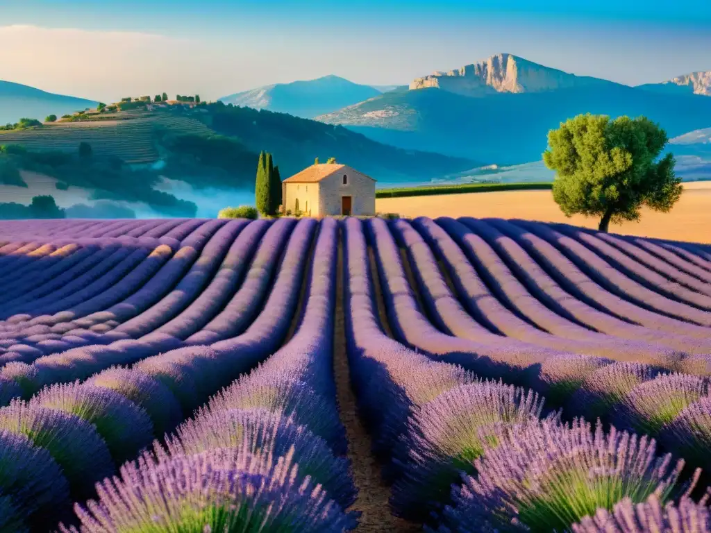 Un vasto campo de lavanda en Provence, Francia, con una casa de campo y abejas