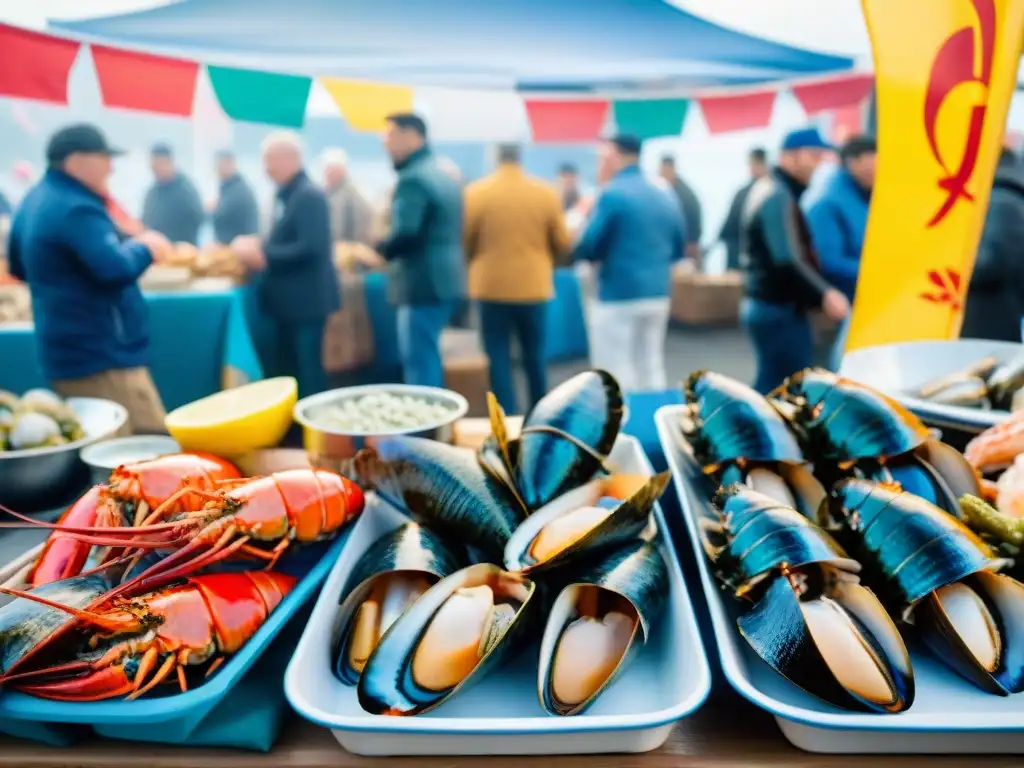 Festival del Marisco de Bretaña: Mercado de mariscos frescos y colorido Vendedores en el bullicioso mercado de mariscos del Festival Marisco de Bretaña, con langostas, ostras y cangrejos frescos en exhibición