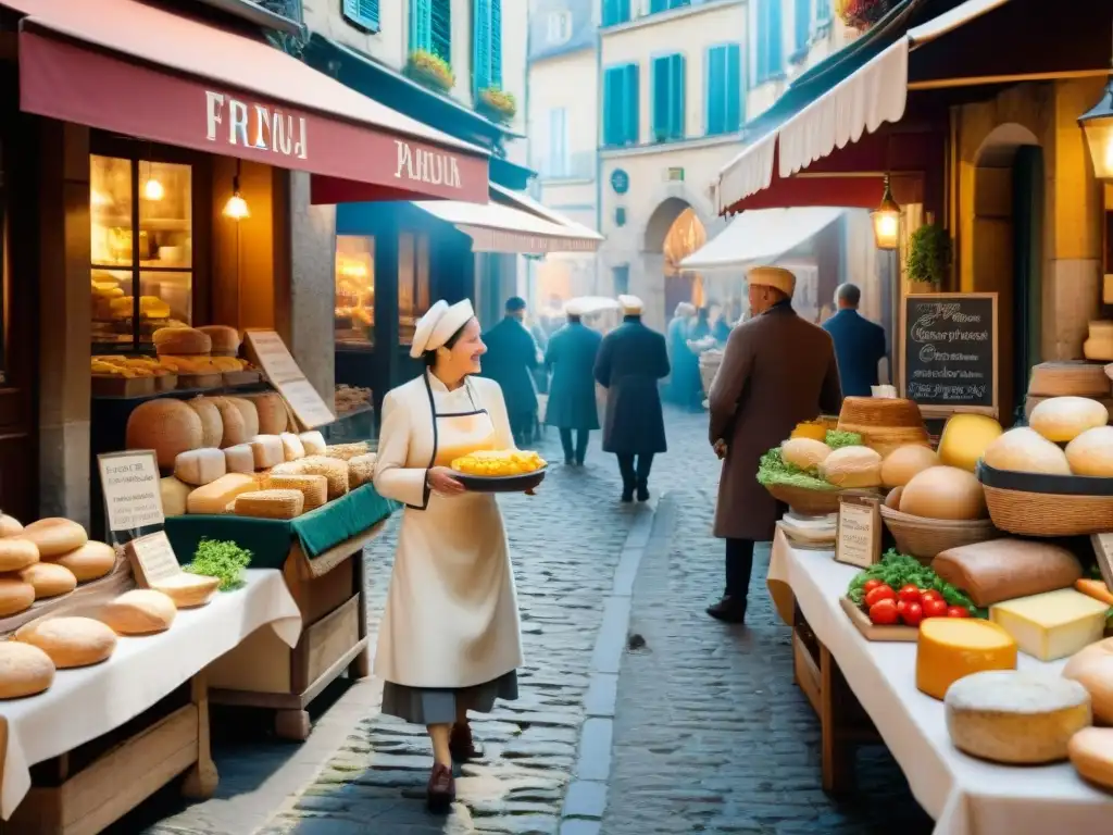 Vendedores y clientes disfrutan de recetas tradicionales en un bullicioso mercado francés de gastronomía