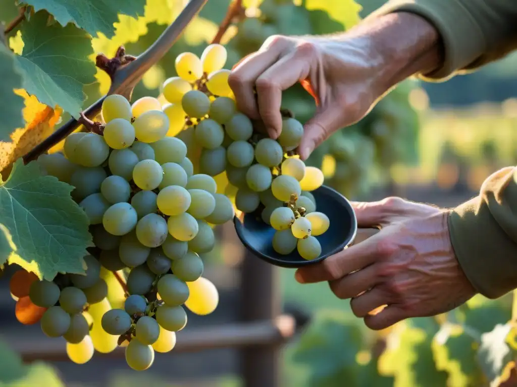 Vendimia meticulosa de uvas doradas para vinos Sauternes en viñedo francés, bajo cálida luz