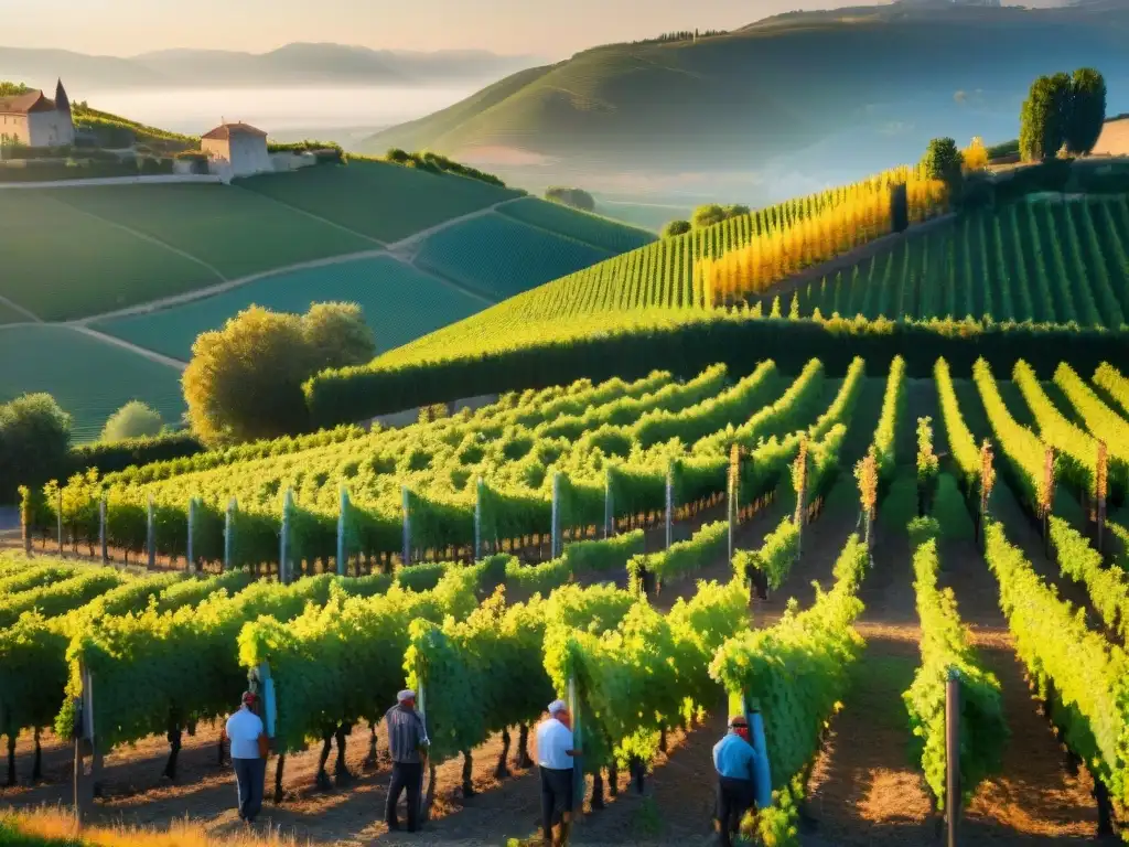 Vendimia en el Valle del Ródano: Trabajadores seleccionan uvas bajo el sol dorado, rodeados de viñedos y un elegante château francés