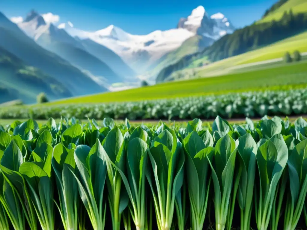 Verduras alpinas en la cocina francesa: meadows verdes, Swiss chard, ajo silvestre y puerros alpinos bajo el cielo azul de los Alpes