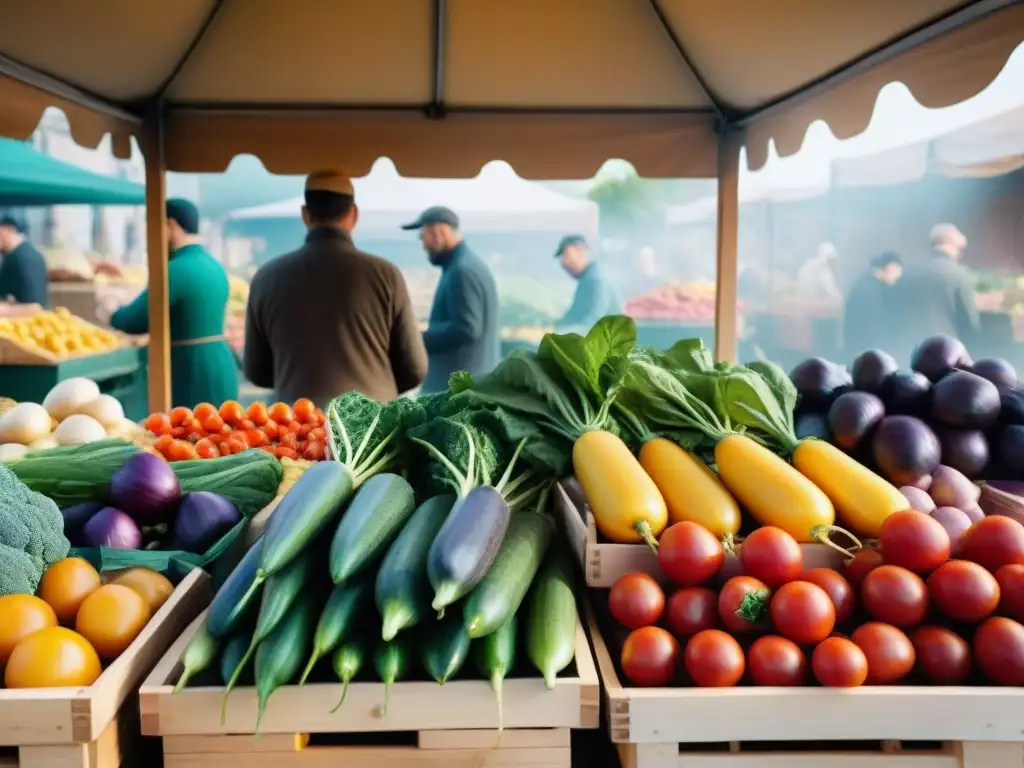 La evolución de las verduras en la cocina francesa cobra vida en un bullicioso mercado de agricultores en Francia, lleno de colores y aromas frescos