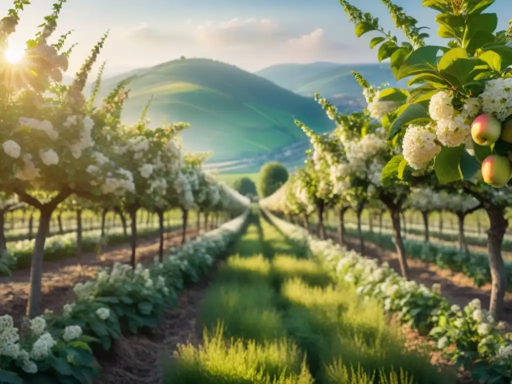 Un vergel en flor con árboles frutales cargados de manzanas y peras maduras, bañados por la luz dorada en Alsacia