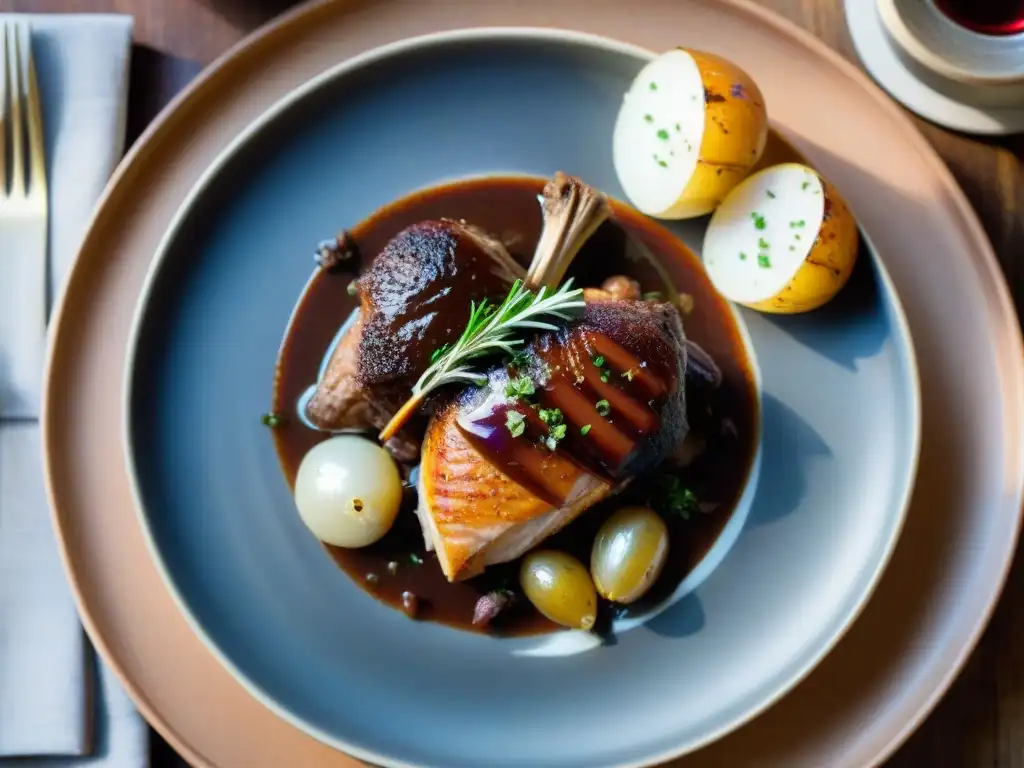 Una versión moderna de Coq au Vin, plato de la gastronomía francesa recetas tradicionales