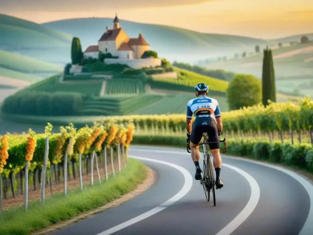 Un viaje en bicicleta por la gastronomía francesa: ciclistas explorando viñedos, pueblos y colinas, rodeados de naturaleza y sol poniente