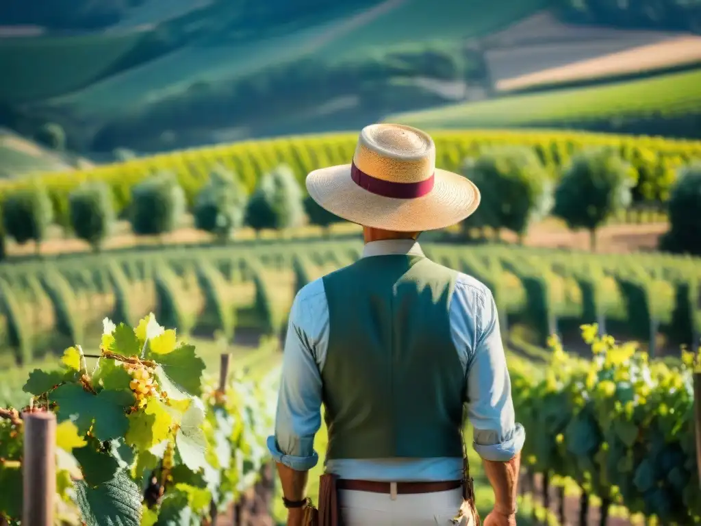 Viaje gastronómico a Borgoña: viñedos exuberantes y bodegas de piedra bajo el sol, viticultor inspeccionando uvas