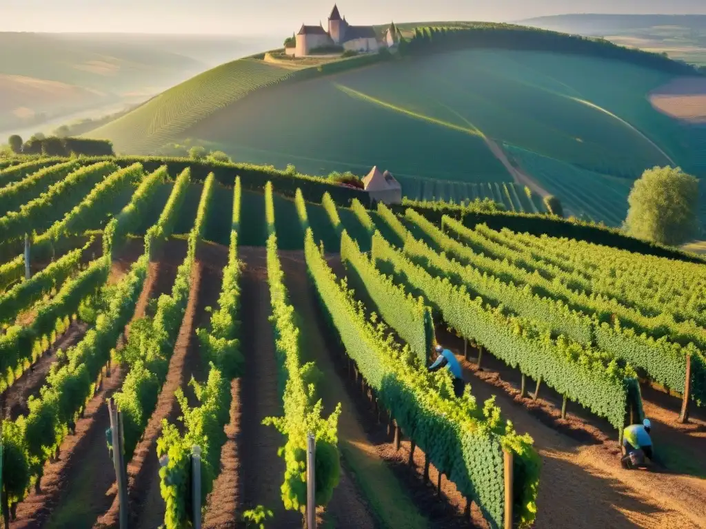 Viaje gastronómico Borgoña vinos: cosecha de uvas a mano al amanecer en viñedos pintorescos