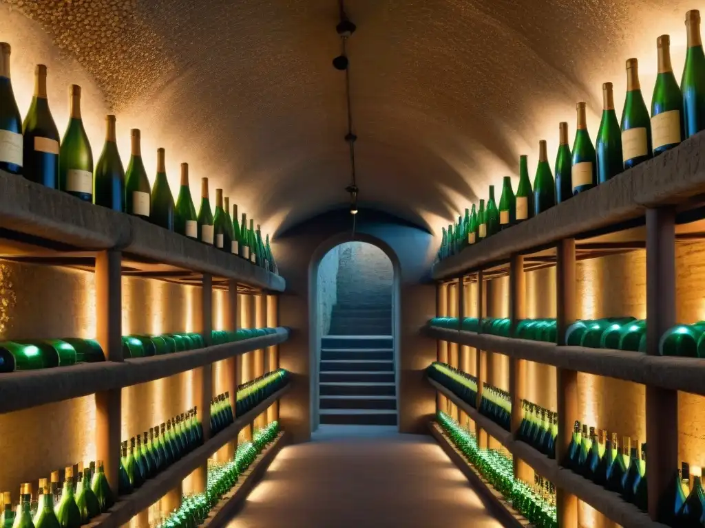 Un viaje a la tradición y elegancia: bodega de Champagne en Francia con botellas antiguas y modernas