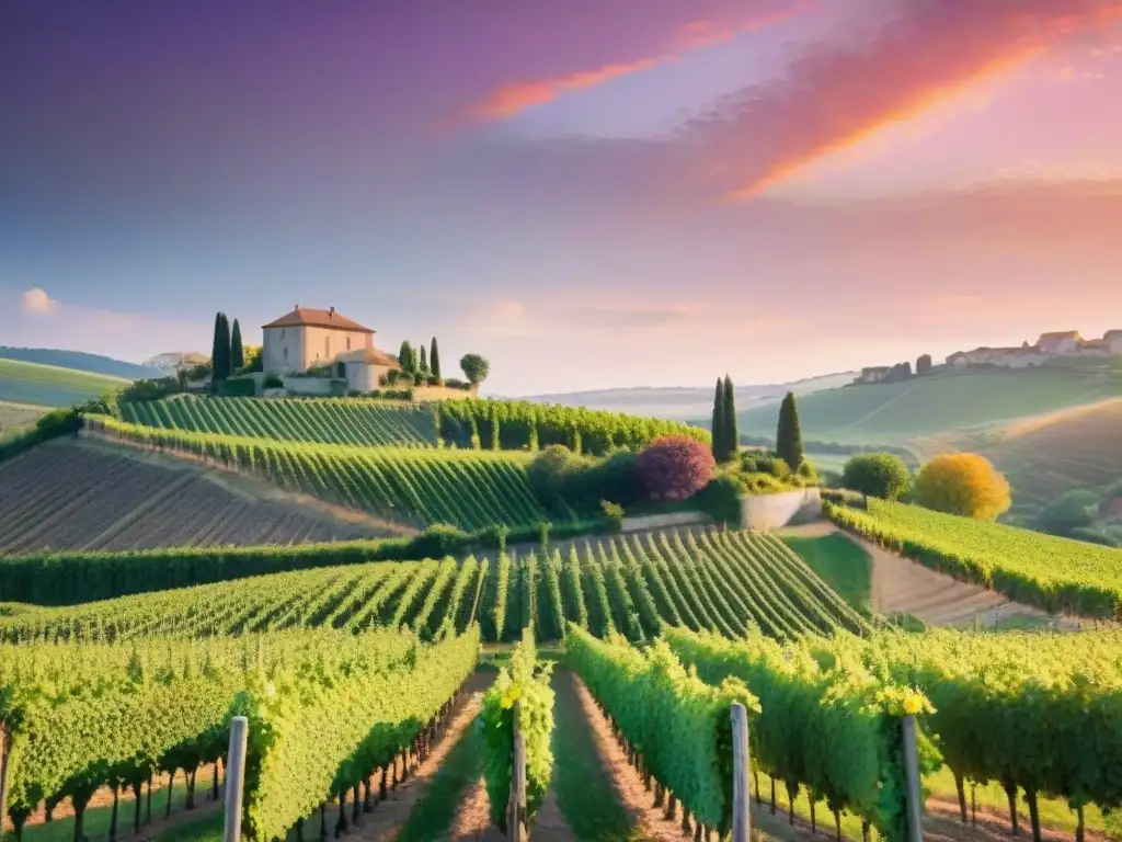 Vibrante atardecer en viñedo francés con château y viñedos verdes