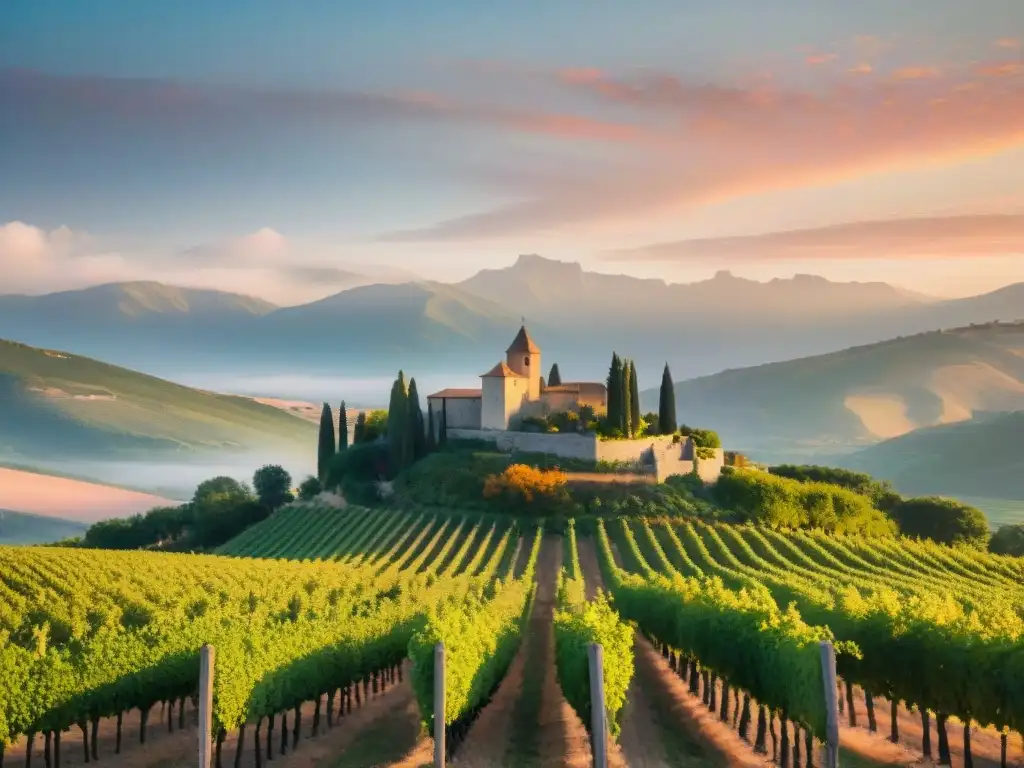 Vibrante atardecer en viñedos de Languedoc-Rosellón con un castillo francés en la Gastronomía francesa LanguedocRosellón vinos