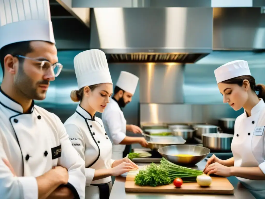 Vibrante aula de cocina en una prestigiosa escuela culinaria en Francia, donde los estudiantes se sumergen en la tradición y la innovación