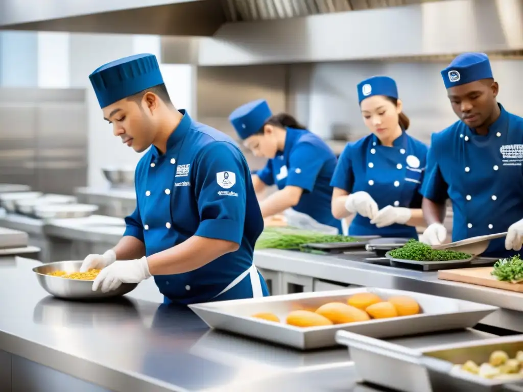 Vibrante aula culinaria en la Escuela Culinaria Le Cordon Bleu: estudiantes concentrados preparando platillos