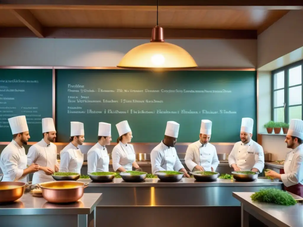 Vibrante aula culinaria francesa con chefs y estudiantes en acción, reflejando la excelencia de las mejores escuelas de cocina en Francia