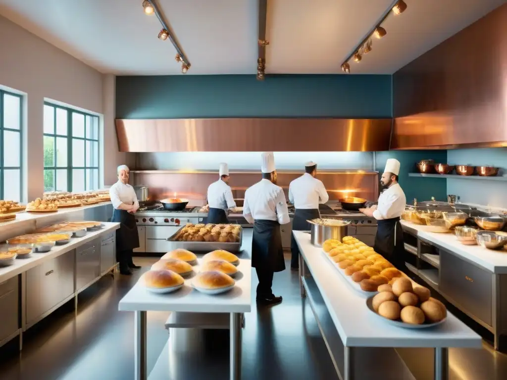 Vibrante aula de escuela culinaria francesa con estudiantes concentrados en sus tareas