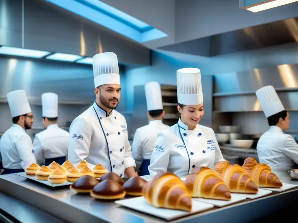Vibrante aula en Le Cordon Bleu, con estudiantes atentos a chef francés