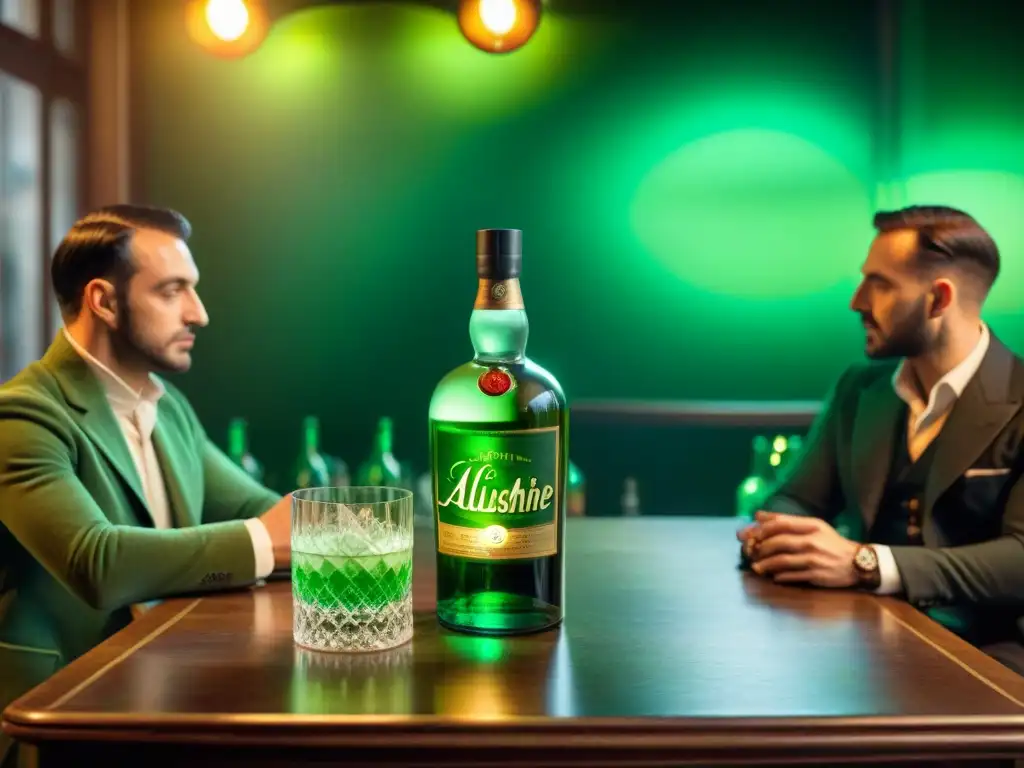 La fascinante cultura del absenta en un café parisino del siglo XIX Un vibrante café parisino del siglo XIX, con artistas e intelectuales debatiendo, rodeados de botellas de absenta
