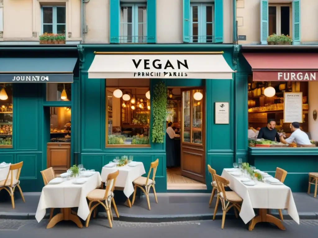 Una vibrante calle parisina llena de innovadores restaurantes franceses veganos, donde la gente disfruta de platos plantbased al aire libre