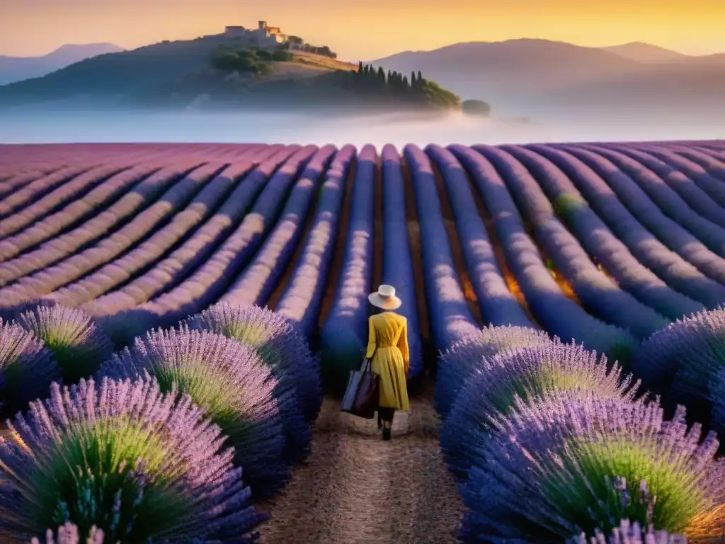 Vibrante campo de lavanda al atardecer en Provenza, con sus aromas envolventes