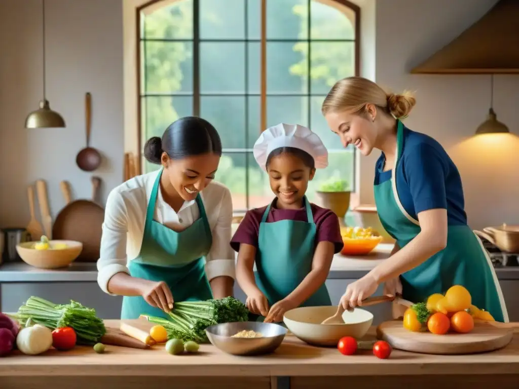 Vibrante clase de cocina en escuela francesa del movimiento Slow Food, niños entusiastas preparando alimentos con alegría