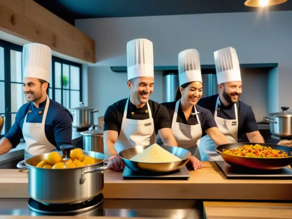 Vibrante clase de cocina francesa con alumnos entusiastas y chef demostrando una técnica de flambeo