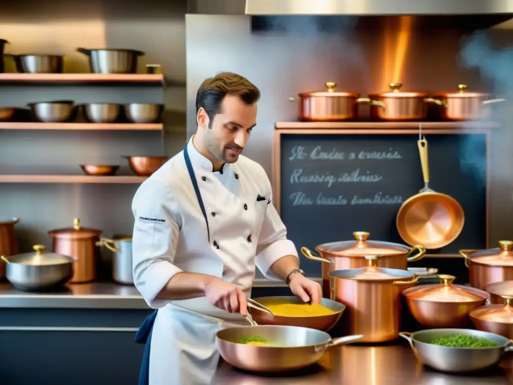 Una vibrante clase de cocina francesa con estudiantes entusiastas aprendiendo técnicas innovadoras