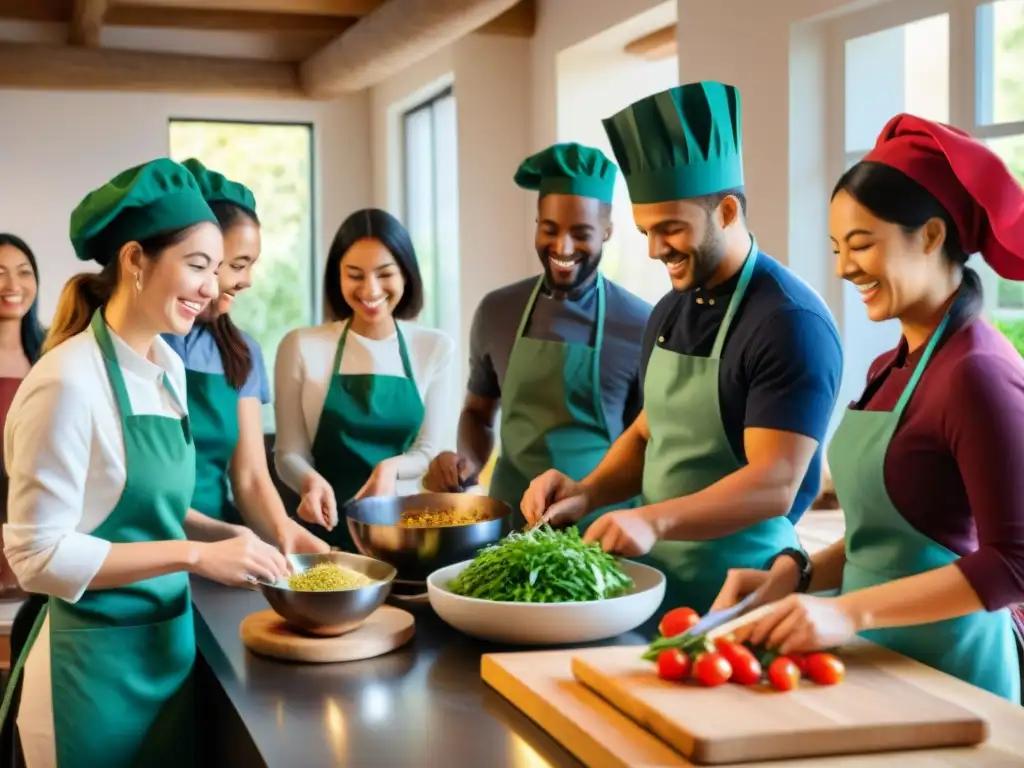 Una vibrante clase de cocina francesa para estudiantes internacionales, compartiendo risas y sabores alrededor de la isla de la cocina