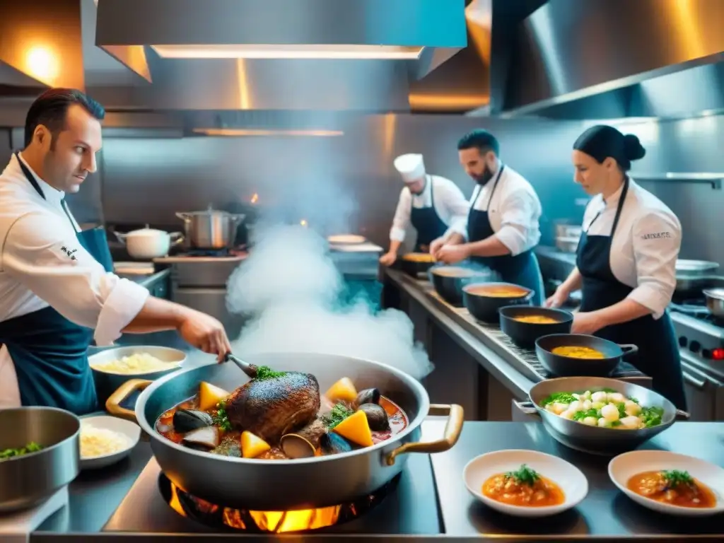 Vibrante cocina de bistró francés en plena acción, reflejando la influencia culinaria de la bistrología francesa innovadora