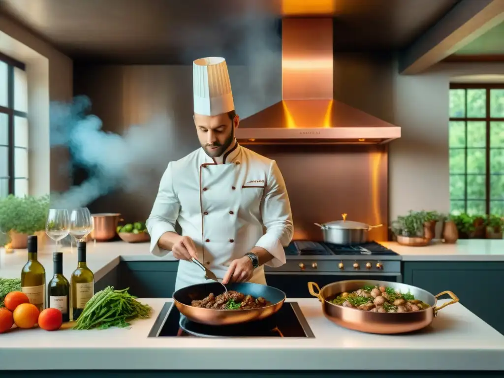 Vibrante cocina de bistró francés con chefs preparando platillos clásicos en ambiente auténtico