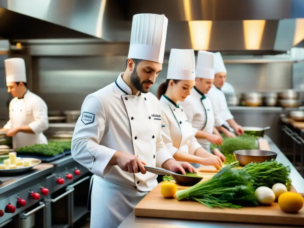 Escuela culinaria francesa: aprendizaje auténtico y vibrante Una vibrante cocina de una escuela de cocina francesa, con estudiantes y chefs franceses en acción culinaria