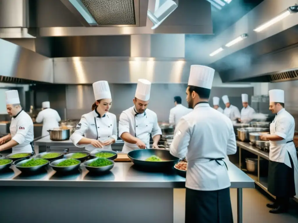 Vibrante cocina de escuela culinaria en Francia, estudiantes y chefs en uniforme blanco preparando platos