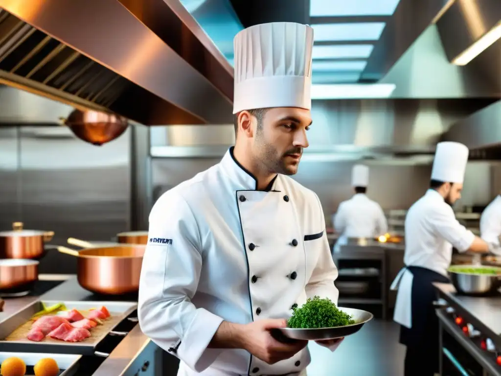 Vibrante cocina de escuela culinaria francesa con estudiantes entusiastas preparando platos clásicos bajo la guía de chefs experimentados