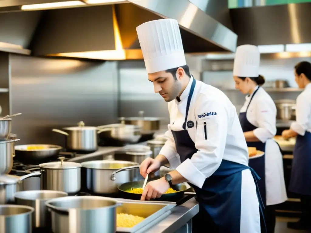 Vibrante cocina de escuela culinaria francesa con estudiantes y chef