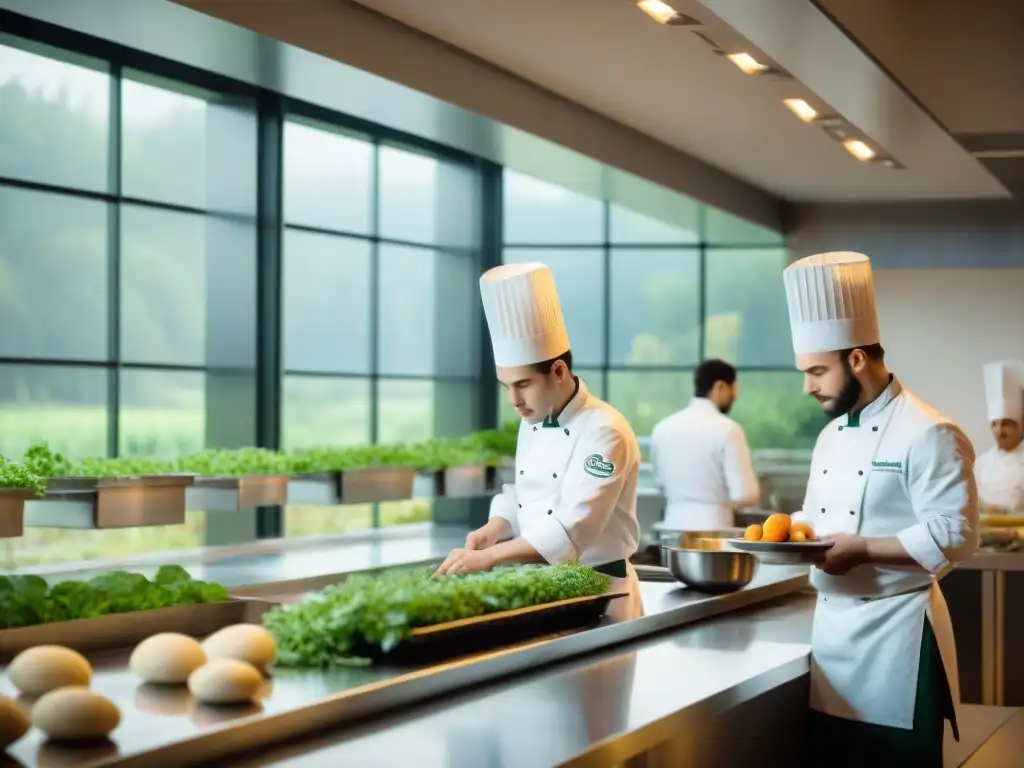 Vibrante cocina de escuela gastronómica en Francia con alumnos practicando cocina sostenible