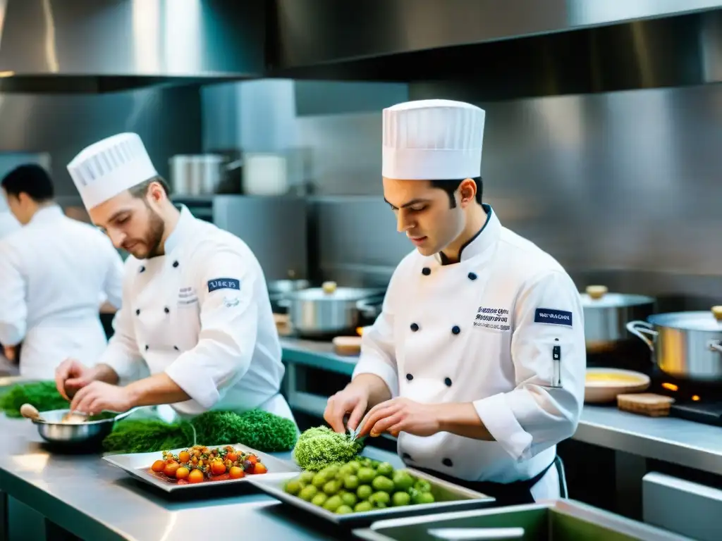 Vibrante cocina de escuela gastronómica francesa con estudiantes dedicados en uniformes blancos, potes y sartenes