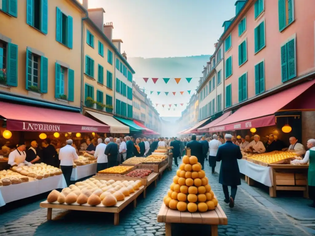 Vibrante Festival Gastronomía Lyon con cocina francesa en bulliciosas calles empedradas