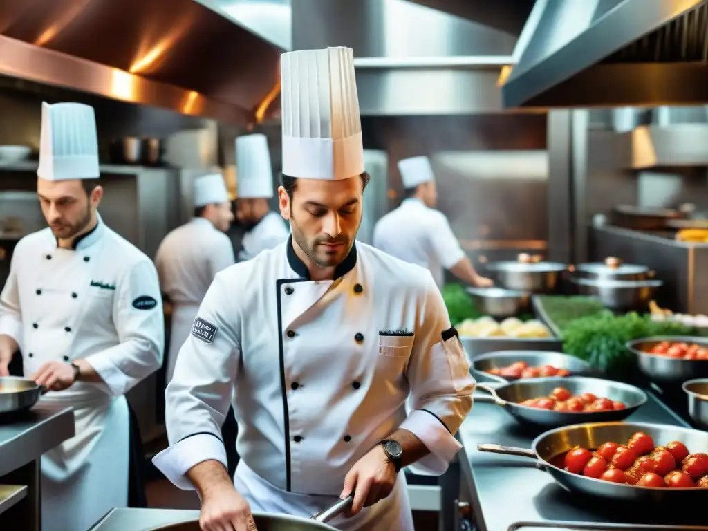 Vibrante cocina francesa con chefs preparando platos clásicos, ideal para software para negocios de gastronomía