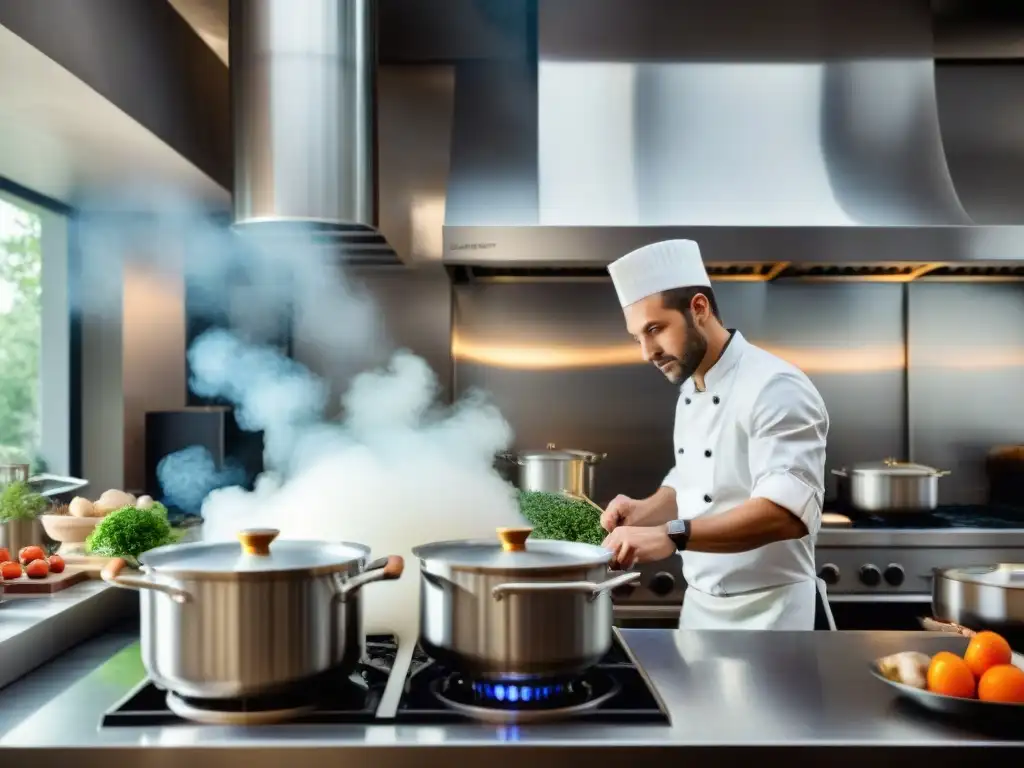 Una vibrante cocina francesa clásica con tendencias modernas: chefs en acción, platos coloridos y aromas cautivadores