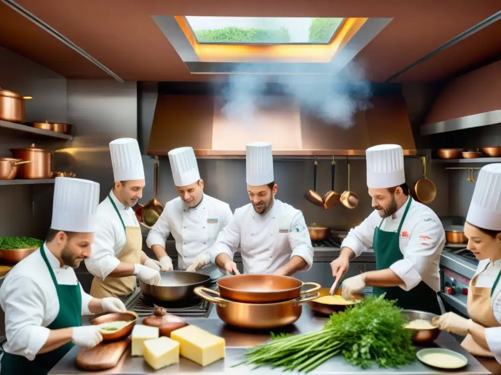 Una vibrante cocina francesa llena de chefs preparando clásicos platos franceses