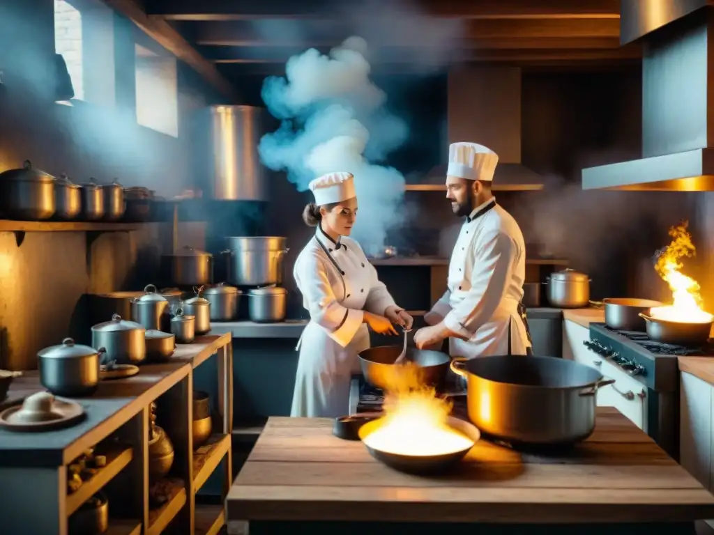 Vibrante representación de cocina francesa en películas bélicas con chefs y soldados