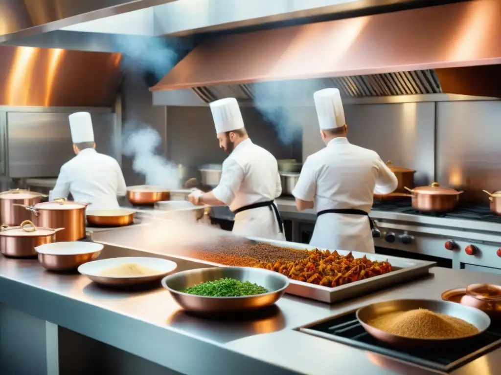 Vibrante cocina francesa en pleno servicio con chefs trabajando con precisión