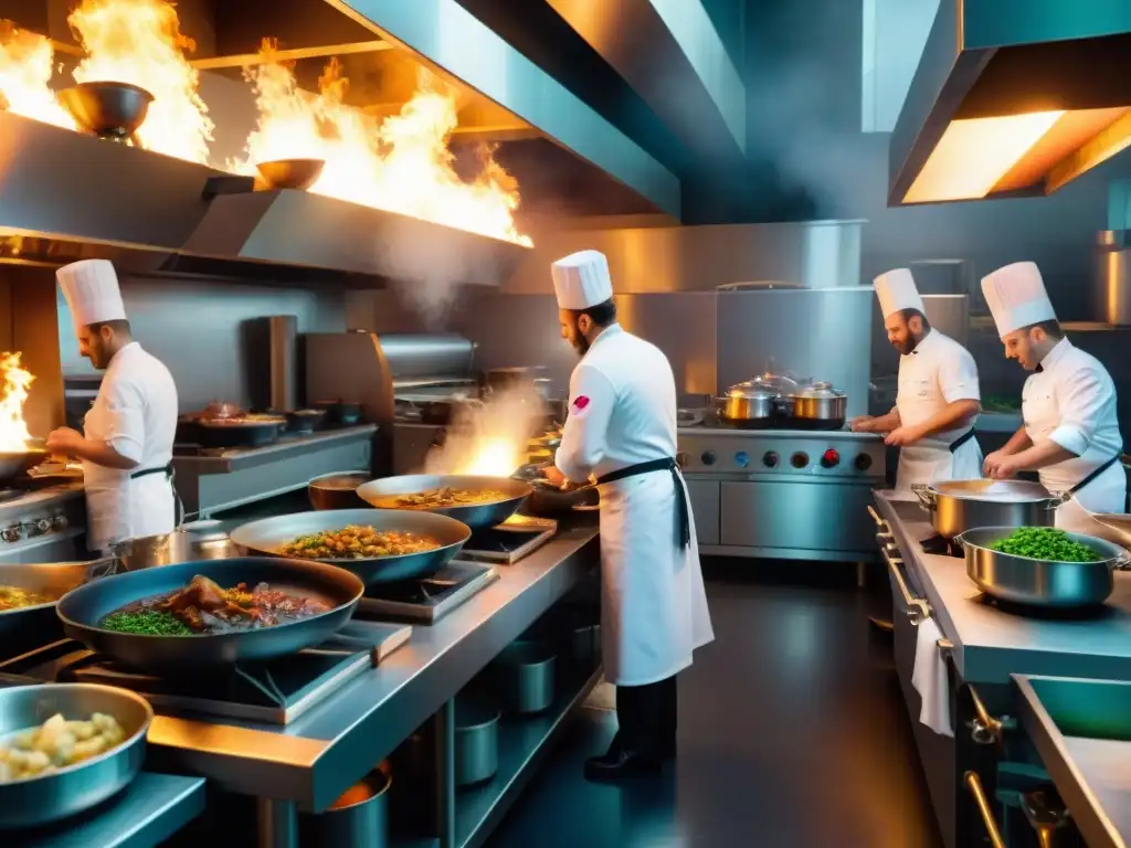 Vibrante cocina francesa en acción durante servicio de cena